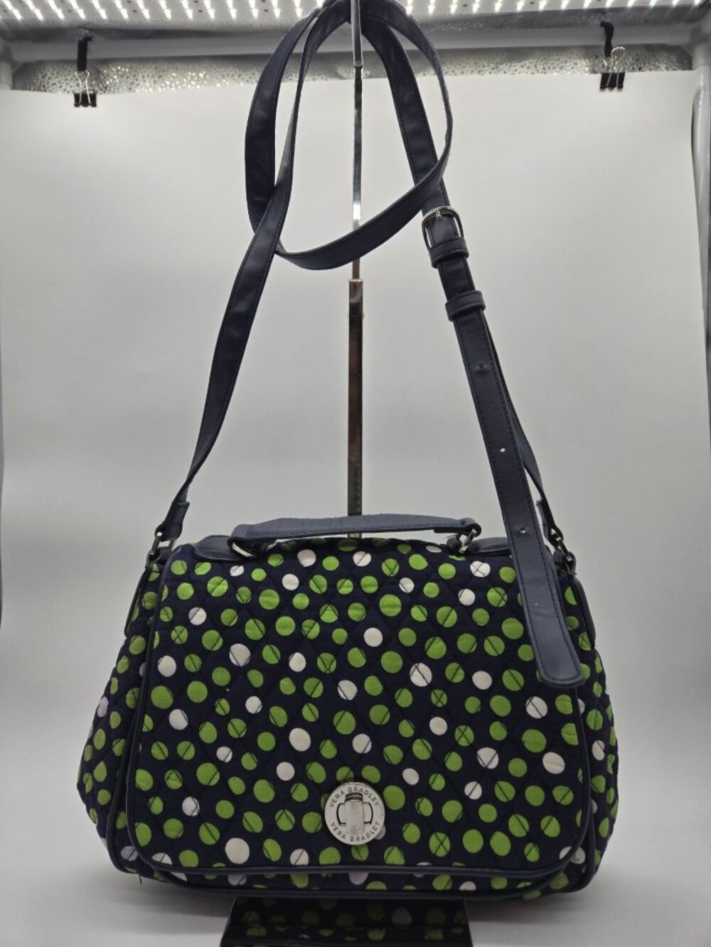 Vera Bradley Lucky You Polka Dot Crossbody Bag Turn Lock Flap Green Black Purse